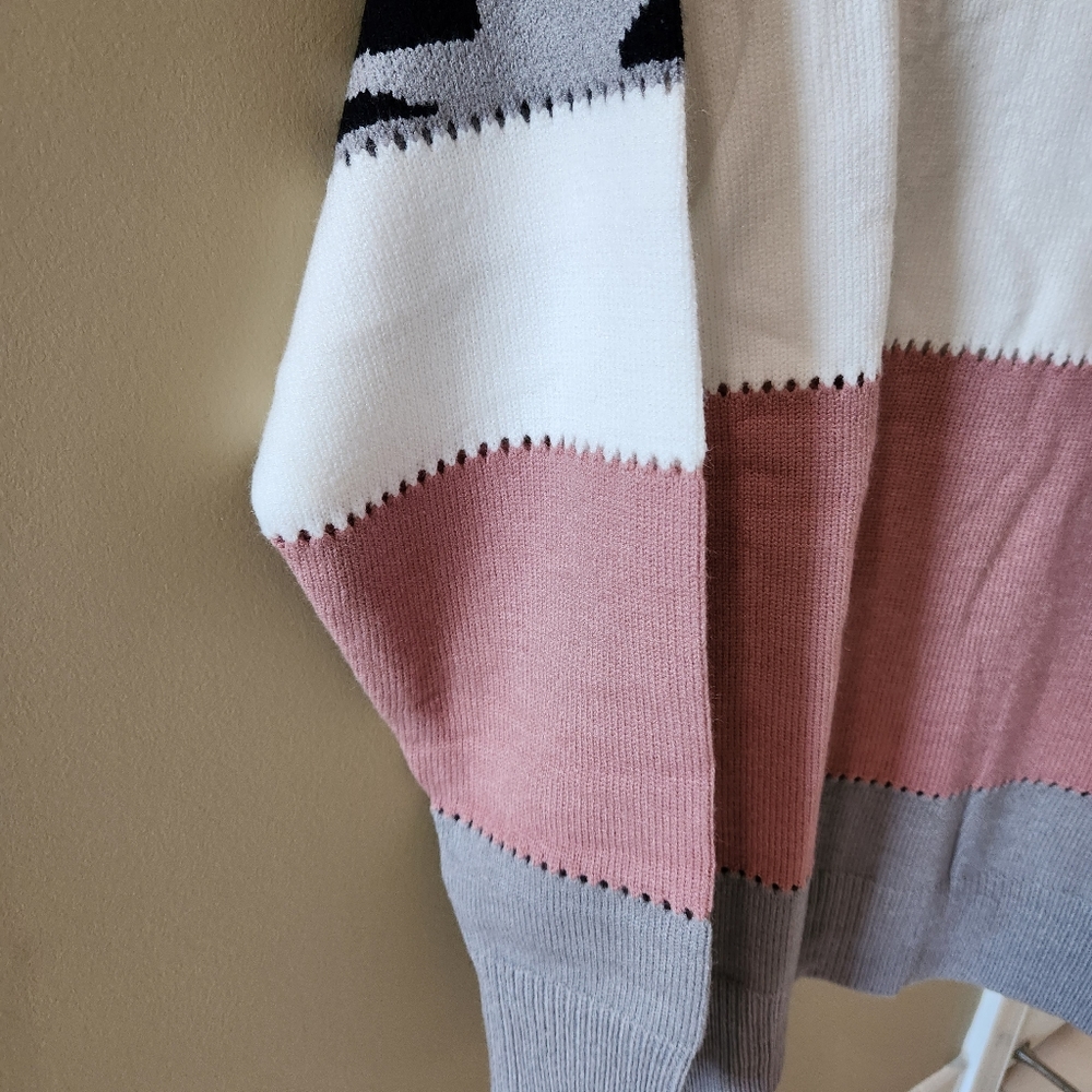 Cozy Leopard Striped Colorblock Knit Crewneck Sweater Pink Size L & XL - Picture 5 of 8